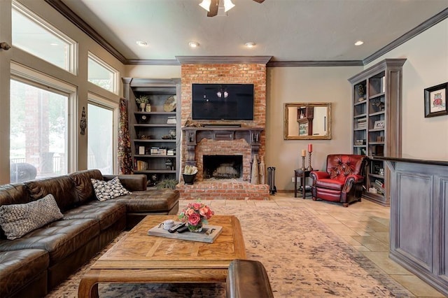 tiled living room with a brick fireplace, ceiling fan, and ornamental molding