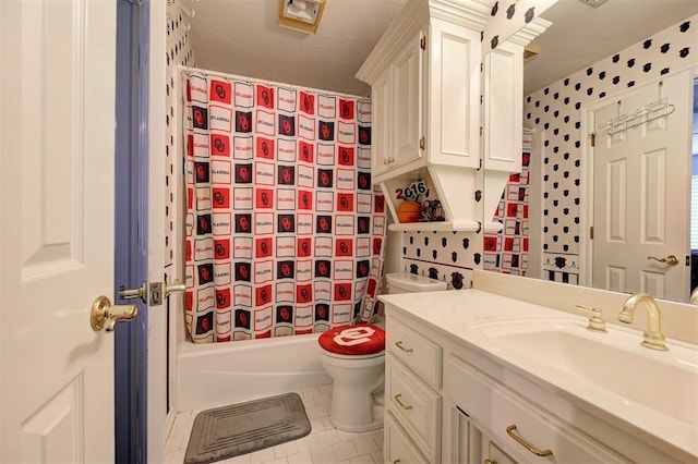 full bathroom with tile patterned flooring, shower / bath combo, vanity, and toilet