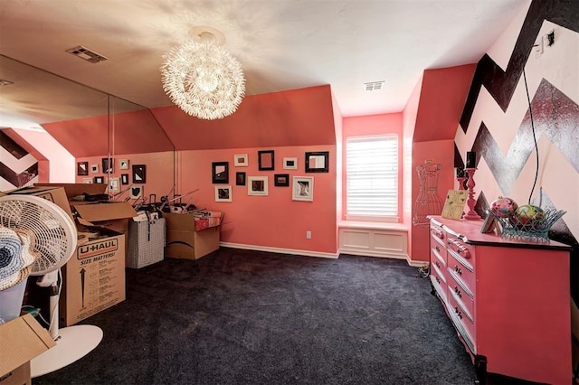 interior space featuring dark colored carpet and lofted ceiling