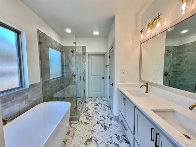 bathroom with tile patterned floors, vanity, plenty of natural light, and plus walk in shower