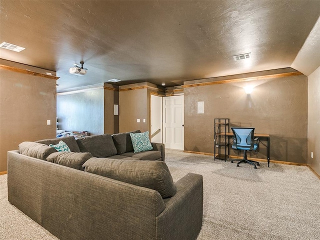 carpeted living room with a textured ceiling