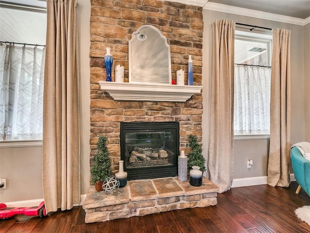 interior space with dark hardwood / wood-style floors, a stone fireplace, crown molding, and a wealth of natural light