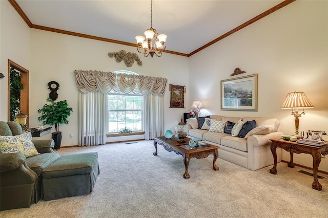 living room featuring light colored carpet, an inviting chandelier, and ornamental molding