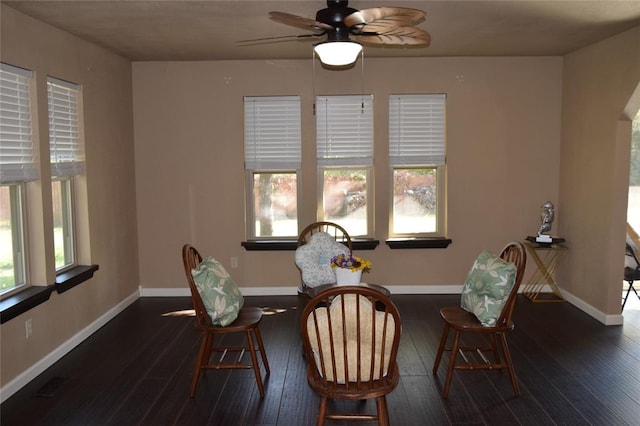 dining space featuring plenty of natural light, dark wood-type flooring, and ceiling fan