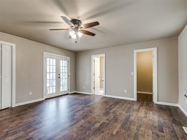 unfurnished bedroom with a ceiling fan, access to exterior, baseboards, and dark wood-style flooring