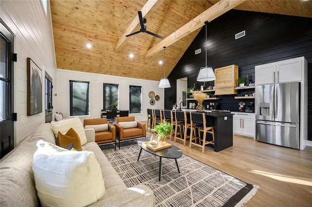 living room featuring light wood-type flooring, wood ceiling, ceiling fan, high vaulted ceiling, and beamed ceiling