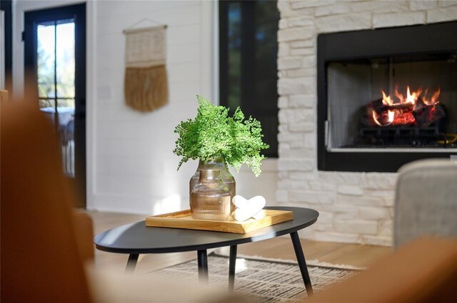 interior details featuring hardwood / wood-style floors and a stone fireplace