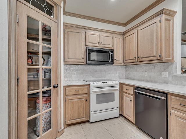 kitchen featuring backsplash, ornamental molding, light brown cabinetry, light tile patterned flooring, and stainless steel appliances