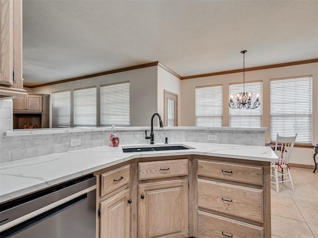 kitchen with dishwasher, sink, light brown cabinets, an inviting chandelier, and tasteful backsplash