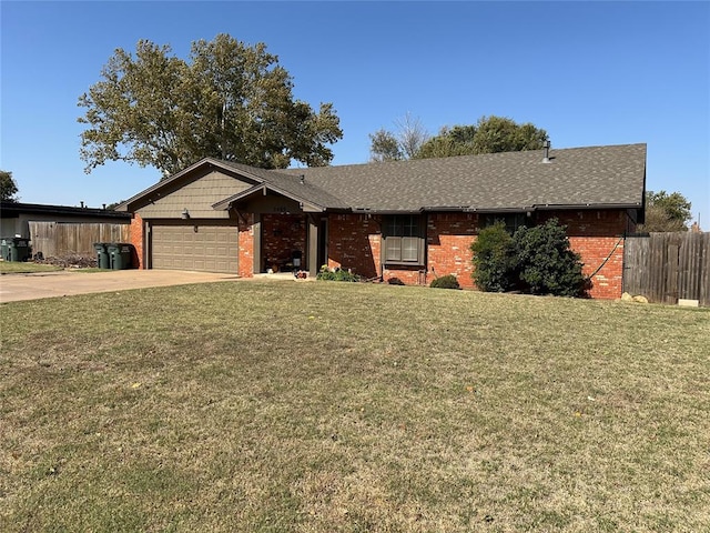 ranch-style house with a garage and a front lawn