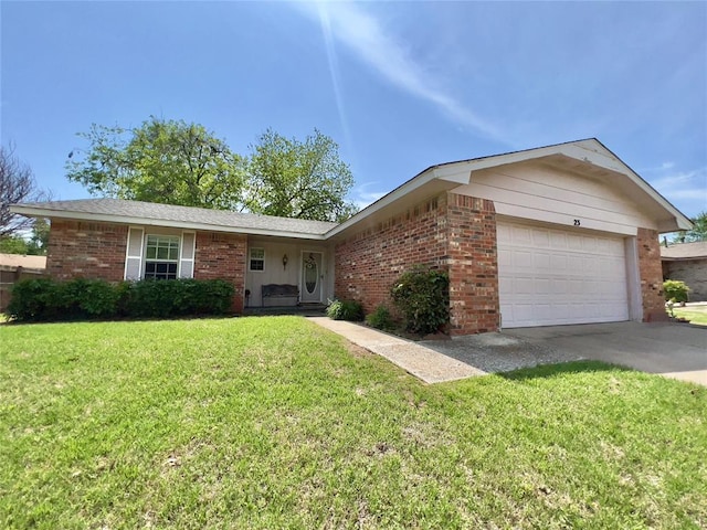 single story home with a garage and a front lawn