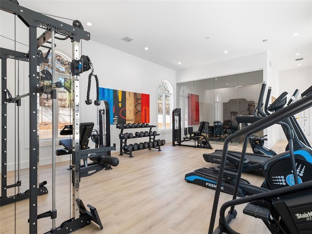 gym featuring light hardwood / wood-style flooring