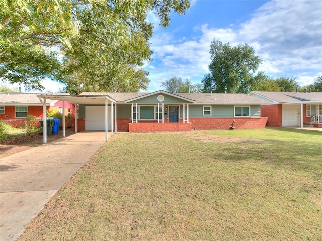 ranch-style home with covered porch, a front yard, and a carport