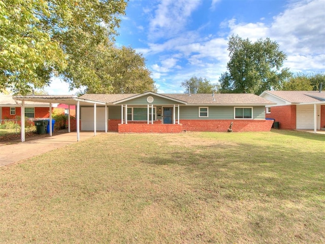 single story home featuring a carport, a porch, and a front yard