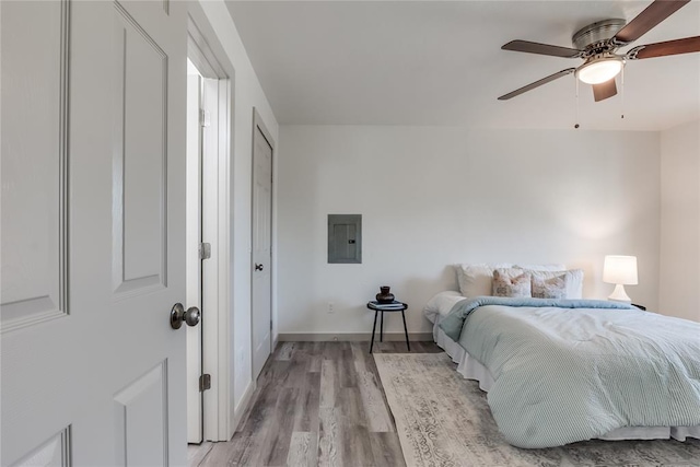 bedroom featuring electric panel, ceiling fan, and light wood-type flooring