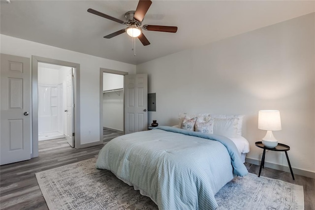 bedroom featuring a closet, a walk in closet, hardwood / wood-style flooring, and ceiling fan