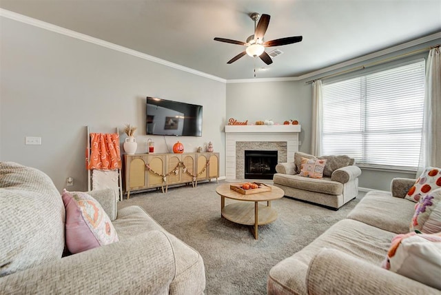 carpeted living room featuring ceiling fan and crown molding