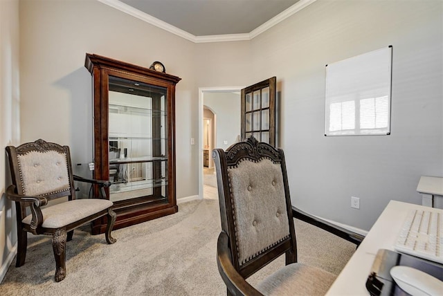 home office with light carpet and crown molding