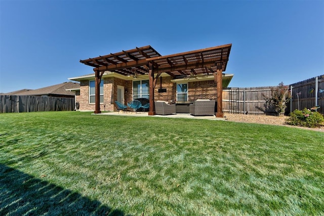 rear view of property with a pergola, outdoor lounge area, a patio area, and a yard