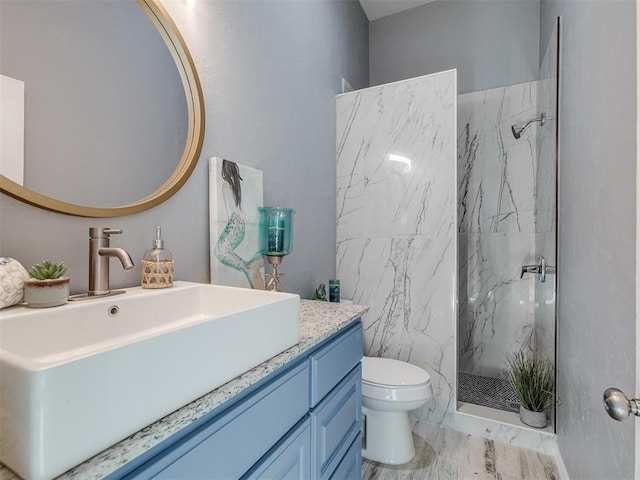 bathroom featuring a shower, vanity, and toilet