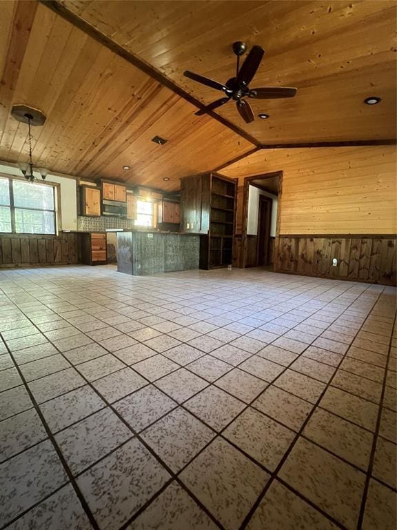 unfurnished room with wood ceiling, ceiling fan, lofted ceiling, and wood walls