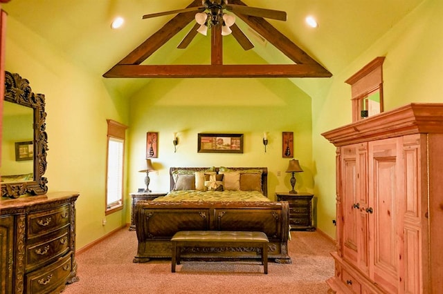 carpeted bedroom featuring ceiling fan, beam ceiling, and high vaulted ceiling