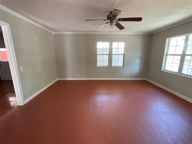 spare room featuring dark hardwood / wood-style flooring, a textured ceiling, ceiling fan, and ornamental molding