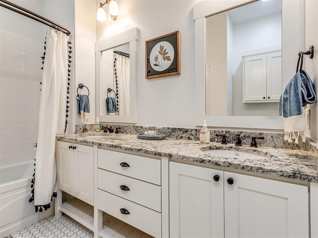 bathroom with tile patterned flooring, vanity, and shower / tub combo with curtain