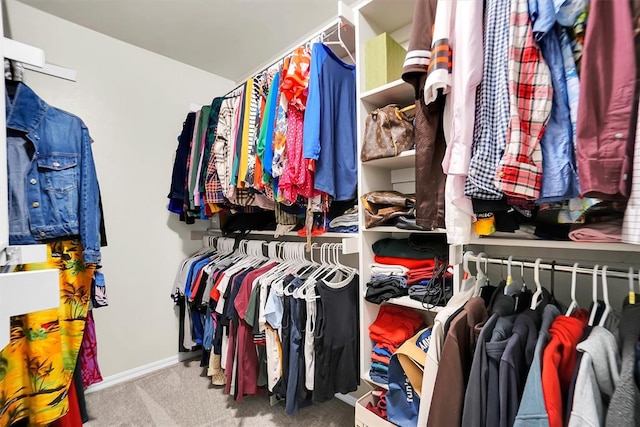 walk in closet featuring light colored carpet