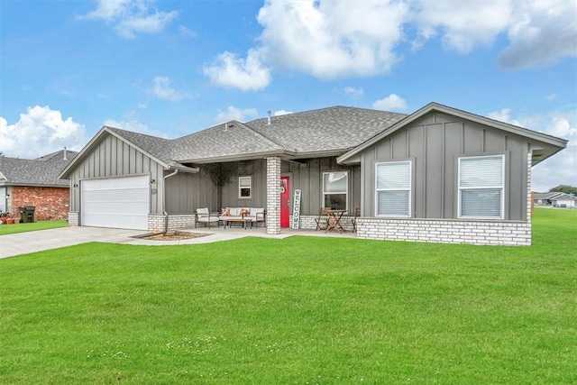 single story home with driveway, a shingled roof, a front lawn, and board and batten siding