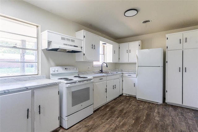 3201 Longridge Rd, Del City, OK 73115 - kitchen featuring white appliances, ventilation hood, white cabinetry, and dark wood finished floors
