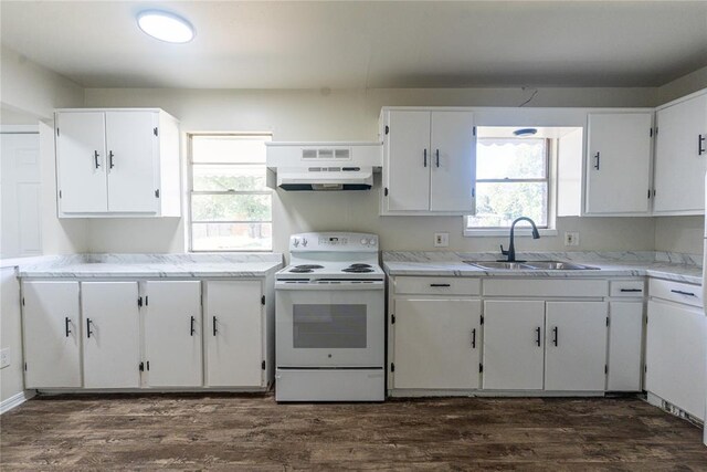 3201 Longridge Rd, Del City, OK 73115 - kitchen featuring white electric stove, premium range hood, white cabinets, and dark wood-type flooring