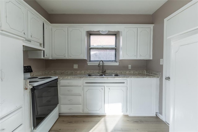 kitchen with white cabinets, sink, light hardwood / wood-style flooring, and electric range