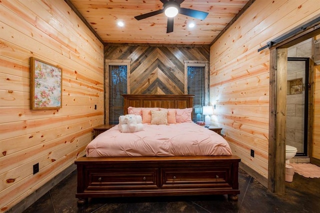 bedroom with ceiling fan, wood ceiling, and wooden walls