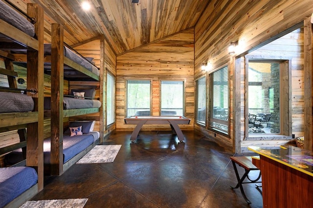 game room featuring high vaulted ceiling, wooden ceiling, and wood walls