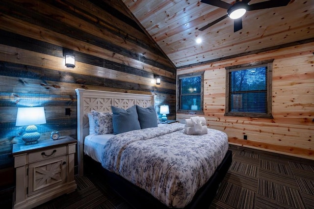 bedroom with vaulted ceiling, wooden ceiling, wooden walls, and ceiling fan