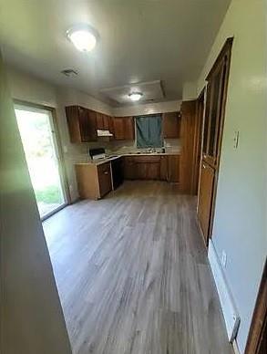 kitchen with range and light hardwood / wood-style flooring