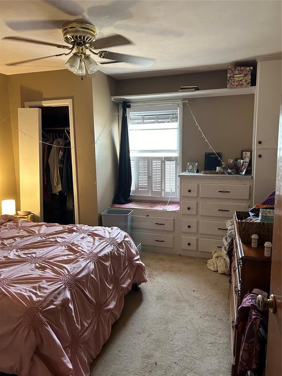 carpeted bedroom with a walk in closet, a closet, and ceiling fan