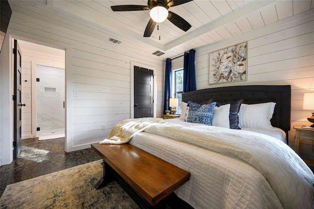 bedroom with beamed ceiling, ceiling fan, wood ceiling, and wooden walls