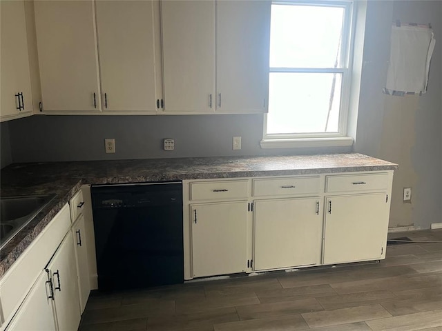 kitchen featuring dishwasher, white cabinetry, and dark wood-type flooring