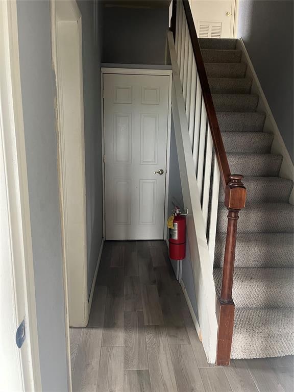 stairway with hardwood / wood-style floors