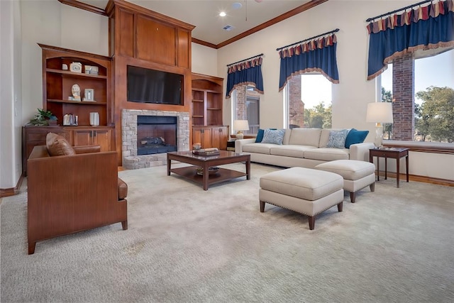 carpeted living room featuring a fireplace and ornamental molding