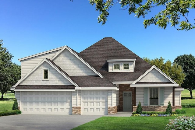 view of front facade with driveway, an attached garage, roof with shingles, and a front lawn