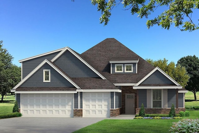 craftsman house featuring driveway, roof with shingles, a front yard, a garage, and brick siding