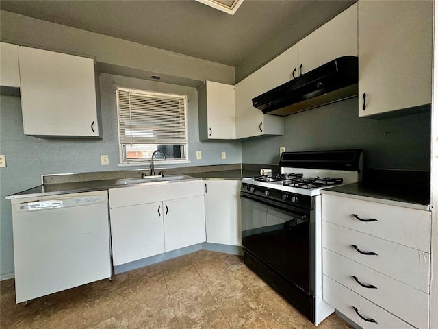 kitchen featuring white cabinetry, dishwasher, black gas range oven, and sink