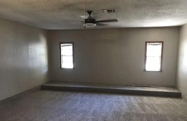 carpeted empty room with ceiling fan, a healthy amount of sunlight, and a textured ceiling