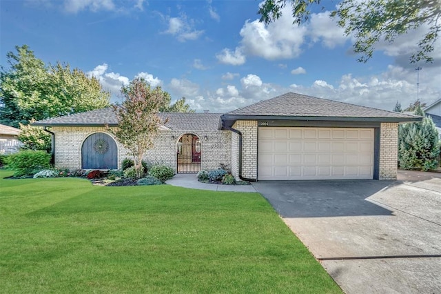 view of front of home featuring a front lawn and a garage