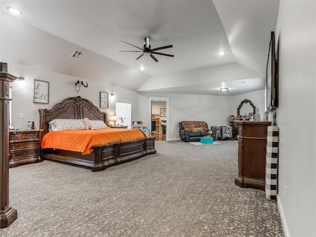 carpeted bedroom featuring ceiling fan and lofted ceiling