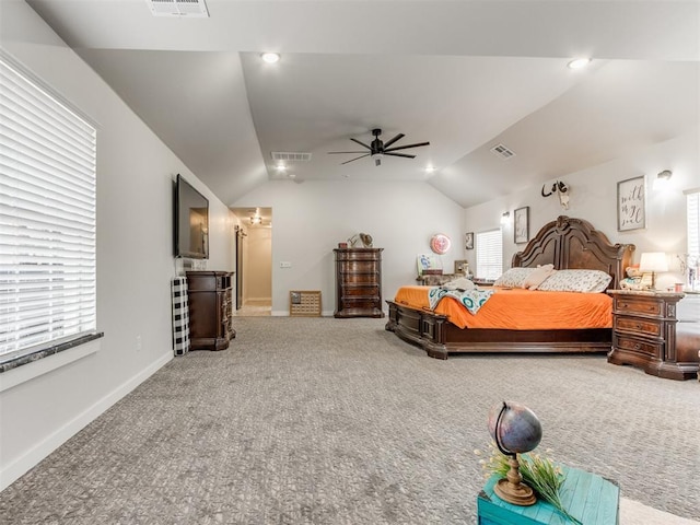 carpeted bedroom featuring ceiling fan and lofted ceiling