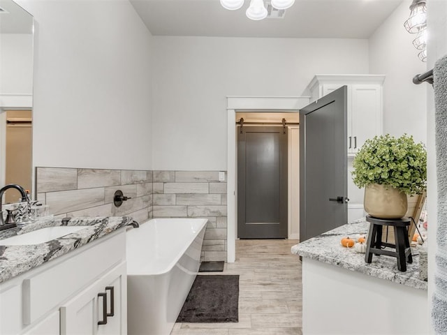 bathroom featuring vanity, tile walls, and a bathing tub